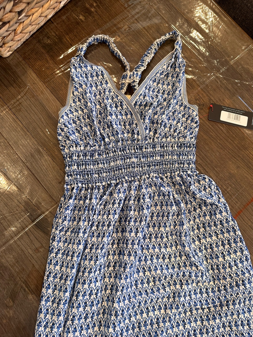 Max Studio Blue and White Floral Maxi Dress with Smocked Waist